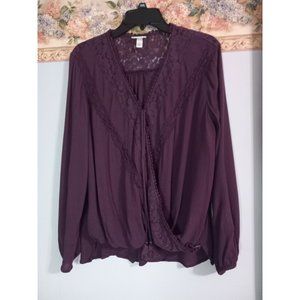 Tanzara 1X Plum Purple Boho Crochet Lace Wrap Flowy Peasant Casual Occasion Top